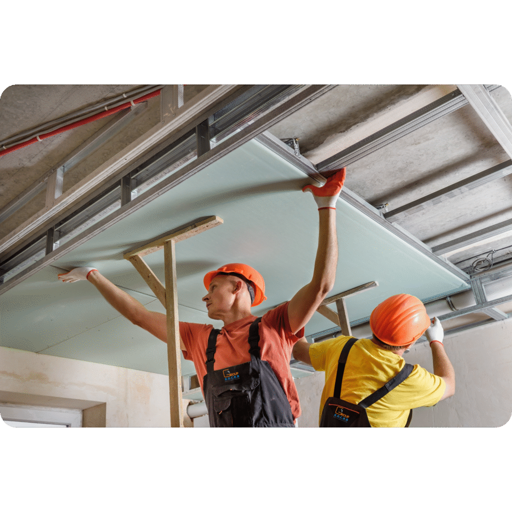 Installation de faux plafonds Marrakech dans un salon moderne.