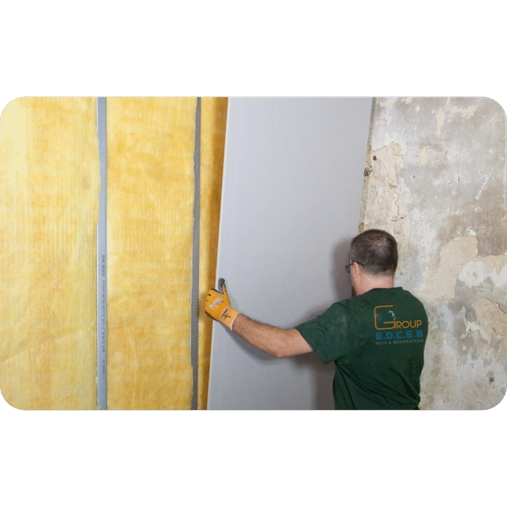 Fixation des plaques de plâtre lors d’un chantier de doublage en placo à Rabat dans une maison en rénovation.