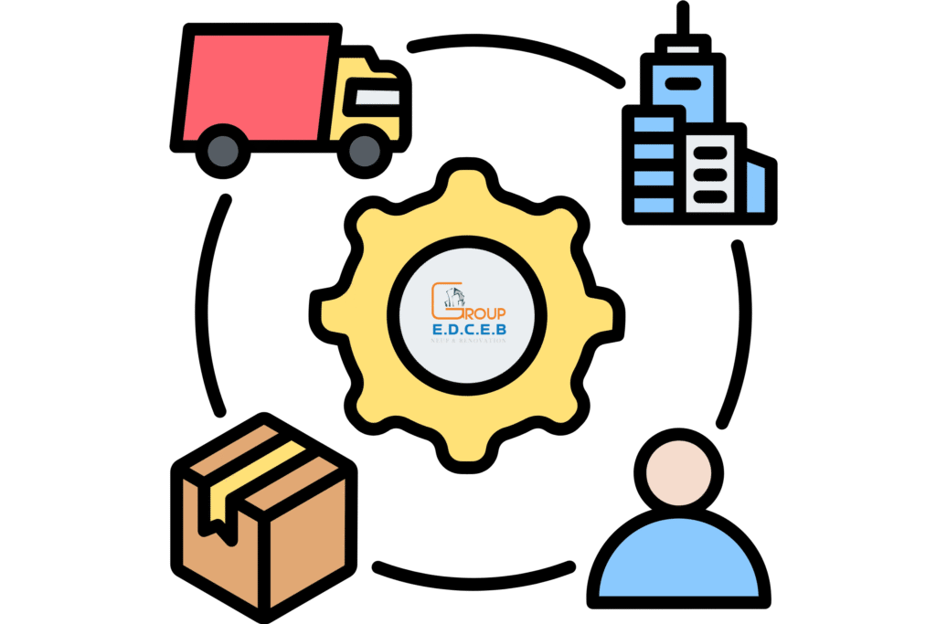 Schéma de distribution logistique avec icônes de livraison et bâtiment, représentant la distribution technique assurée par Group E.D.C.E.B en électricité générale à Rabat.